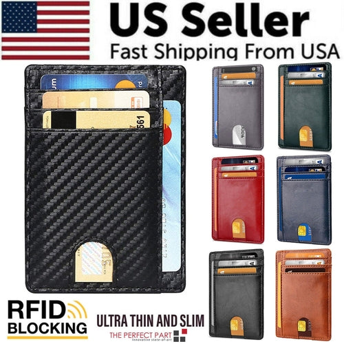 Mens Leather Slim Wallet Credit Card Holder RFID Blocking Pocket ID - Aubaines À GO-GO