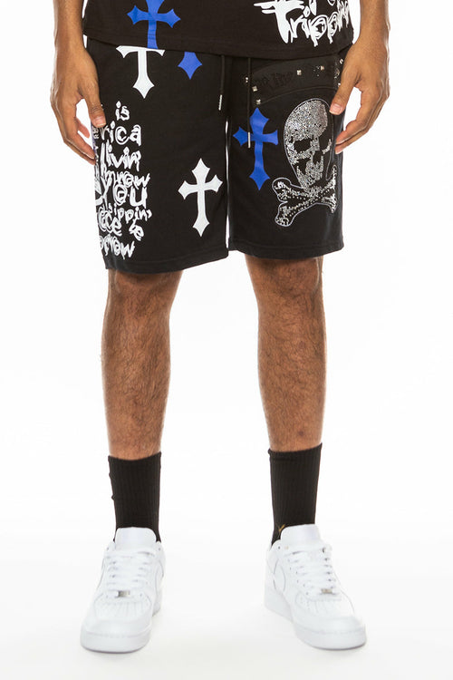 Bejewelled Chrome Skull Shorts EMS4107 - Aubaines À GO-GO