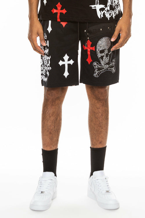 Bejewelled Chrome Skull Shorts EMS4107 - Aubaines À GO-GO